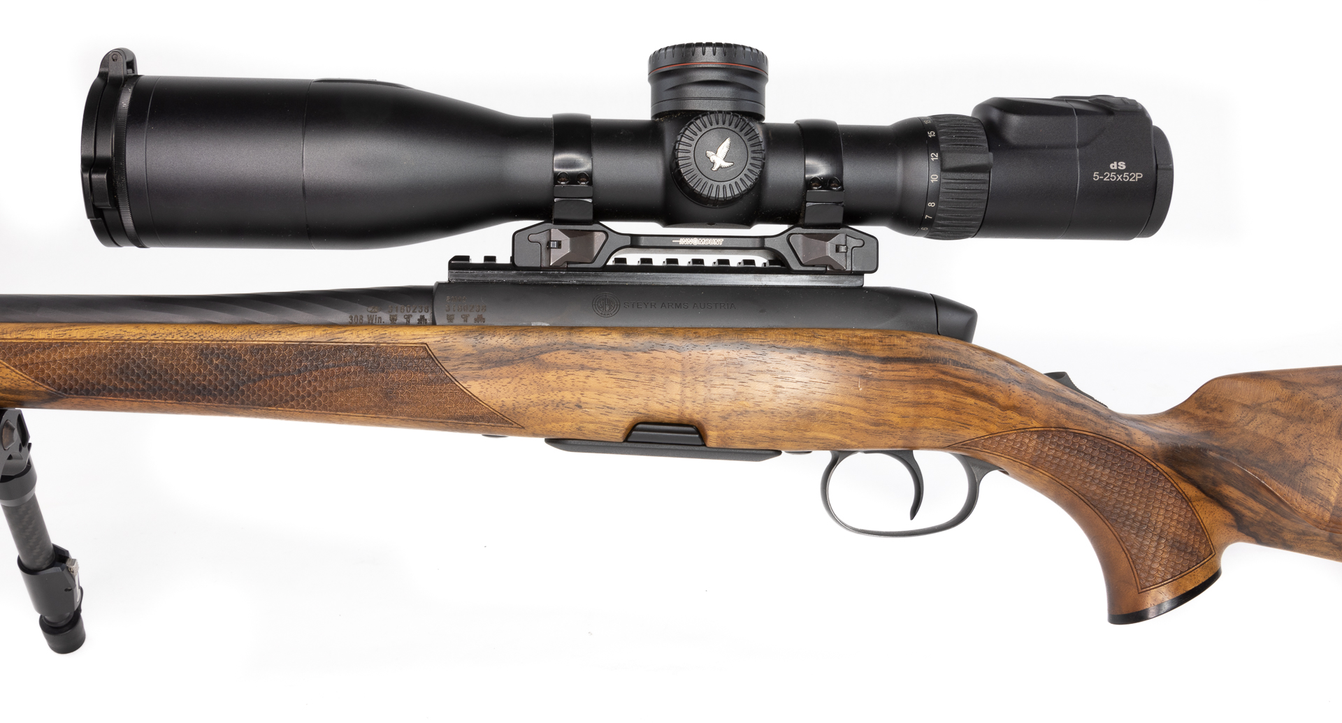 gebr. STEYR SM12 Goiserer mit Innomount mont. SWAROVSKI DS 5-25x52P und Bone Carbon-Zweibein, .308 Win. Zustand: Sehr gut